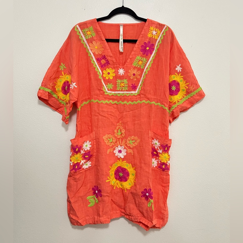 Uncle Frank Coral Orange Embroidered Floral Tunic Dress